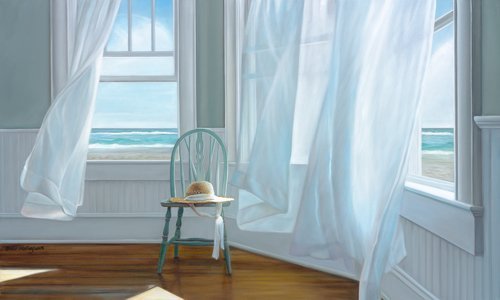 Gemälde mit wehenden Vorhängen und Blick aufs Meer.